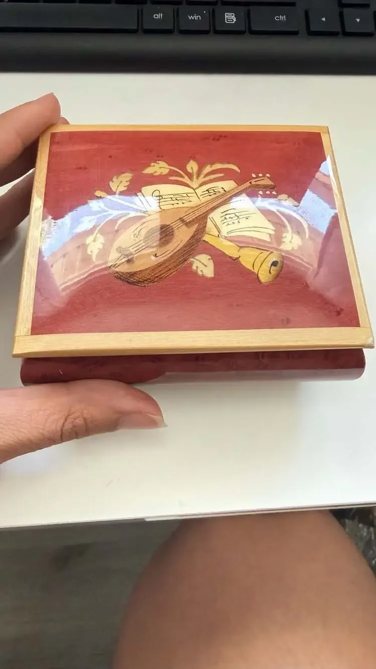 Vintage Italian Marquetry Burl Wood Jewelry Music Box with Mandolin Inlay